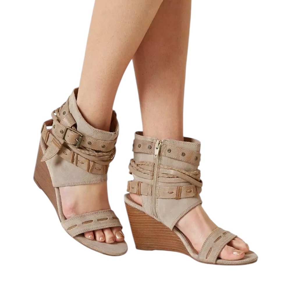 NAUGHTY MONKEY LASALLE SUEDE LEATHER WEDGE TAN BEIGE OPEN TOE SANDAL SHOES 8.5
